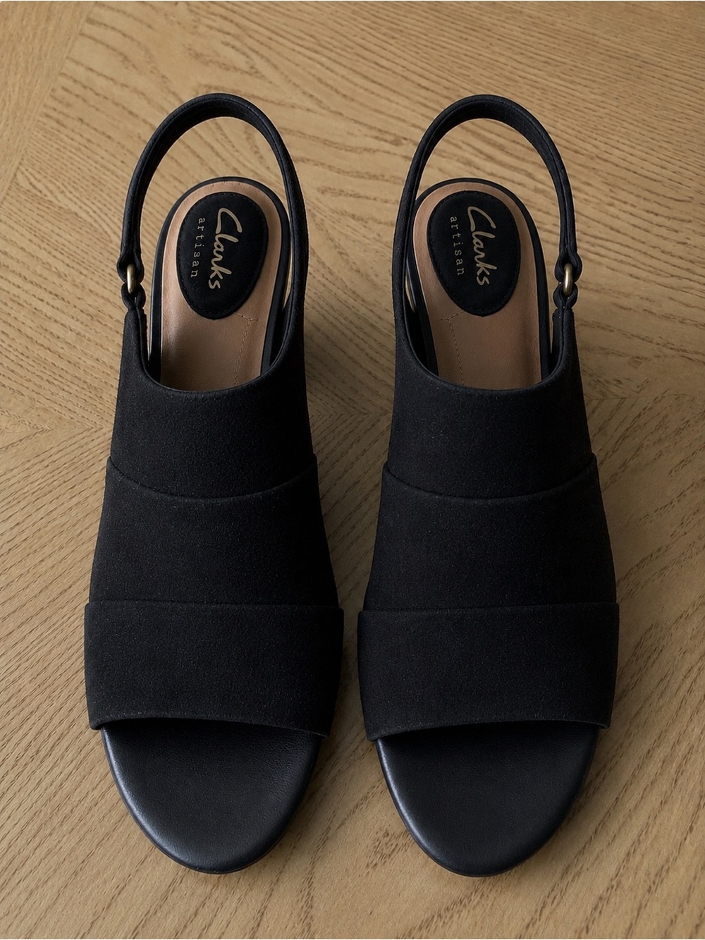 Clarks Black Open-Toe Slingback Wedge Sandals